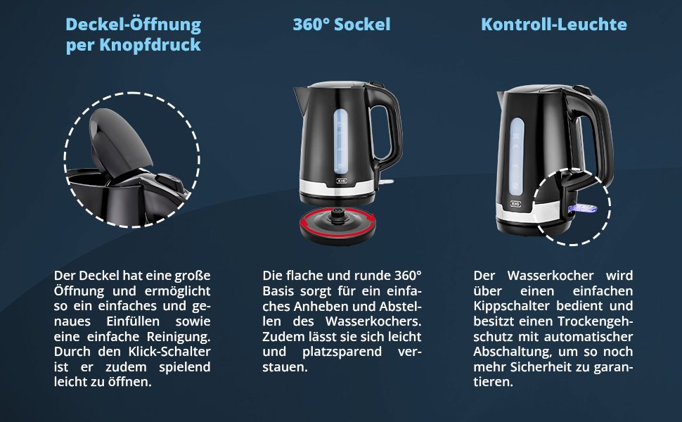 Електричний чайник KHG WK-1708 WE2 з нержавіючої сталі, 1.7 л, фільтр від накипу, індикатор рівня води, захист від сухого кип'яття, автоматичне відключення, прихований нагрівальний елемент, BPA Free, 2200 Вт (Чорний)