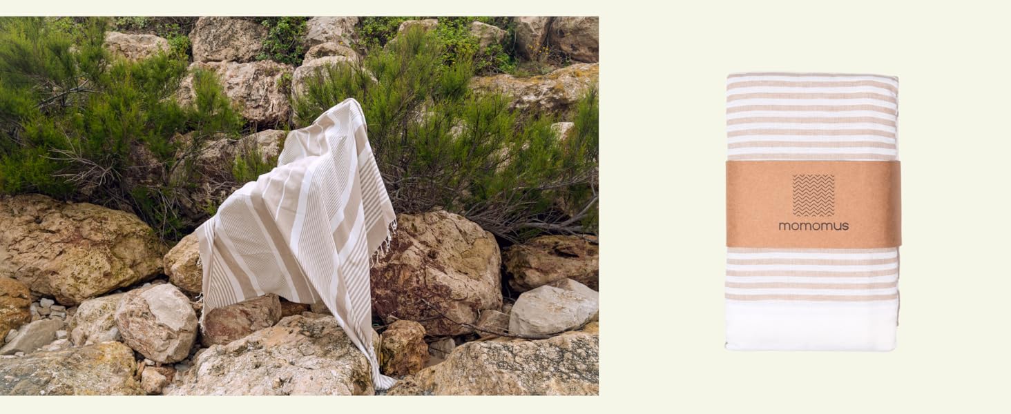 Пляжна хустка-ковдра MOMOMUS XXL бежева 210x240 см - велика, легка, компактна, в бохо стилі, для пікніка та кемпінгу