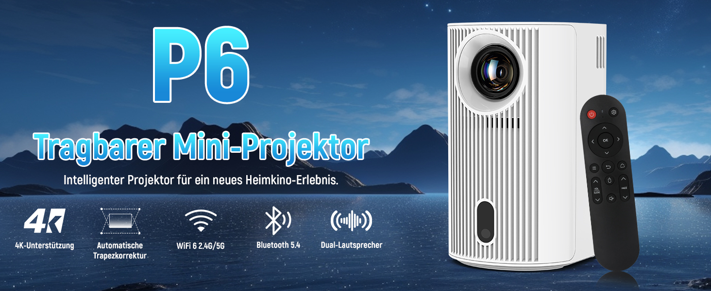Портативний проєктор Mini Beamer: 4K, 1080p, WiFi 6, Bluetooth 5.4, Auto Keystone, 200 дюймів, сумісний з ноутбуками, смартфонами та TV (Weiß-P6)