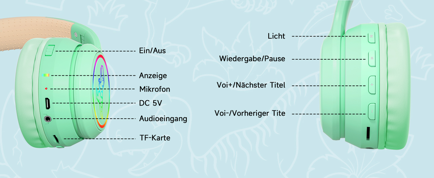 Бездротові навушники IFecco для дітей з мікрофоном, Bluetooth, LED-підсвітка, котячі вушка, чохол. Сумісні з iPad, планшетами та смартфонами.