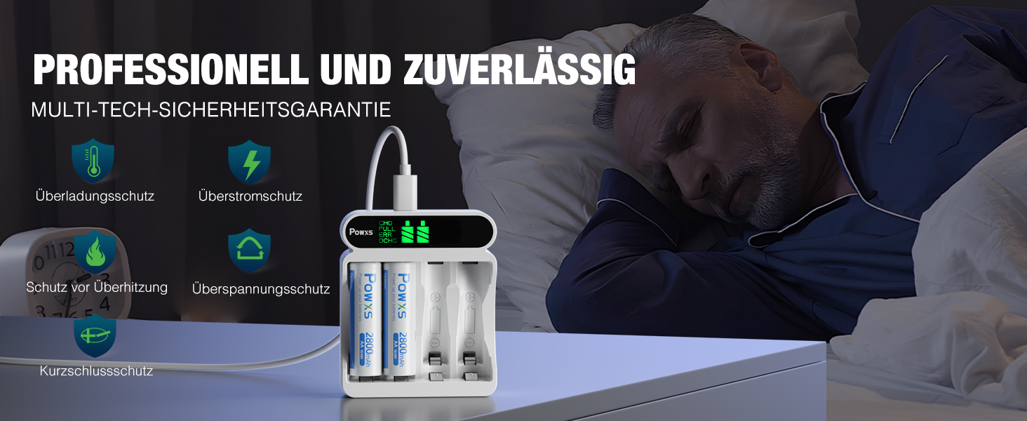 Зарядний пристрій POWXS для акумуляторів NI-MH NI-CD AA AAA з LCD-дисплеєм, універсальний, Micro USB & Type-C, безпечний