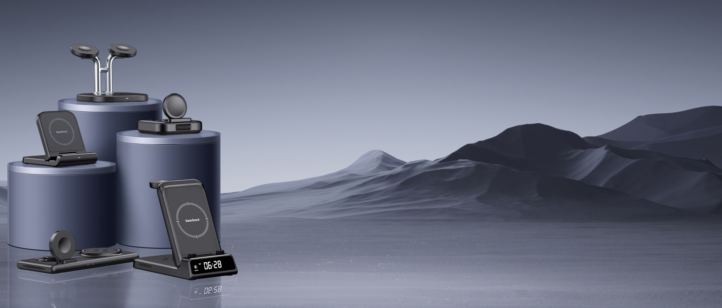 Бездротова зарядка SwanScout для iPhone 17/Air, AirPods Pro 3/2, 2 телефони, чорний