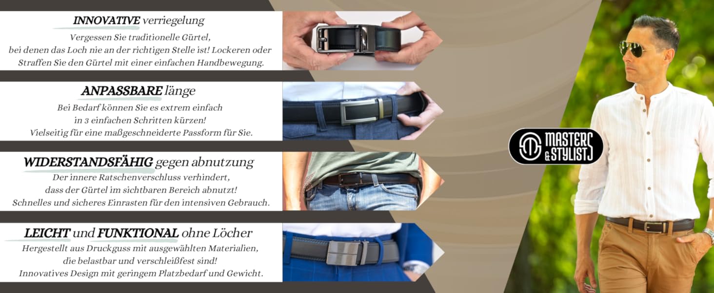 Чоловічий шкіряний ремінь Masters & Stylists з автоматичною пряжкою, коричневий/чорний, ширина 3,1 см, довжина 110/120 см, з подарунковою коробкою