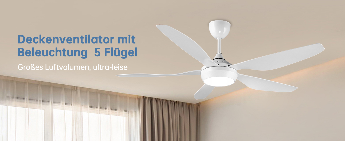 Стеляний вентилятор Reiga з LED-підсвічуванням та пультом керування, 132 см, білий, DC-двигун, тихий, 6 швидкостей, 3 колірні температури, для внутрішнього та зовнішнього використання (5 лопатей, білий)