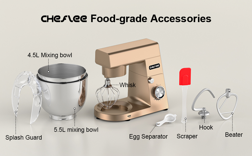 Кухонна машина Cheflee 1500W з місткими чашами з нержавіючої сталі (4.5L, 5.5L) та 10+ швидкостей, набір насадок (міксер, гак для тіста, вінчик, захист від бризок) (Золота)