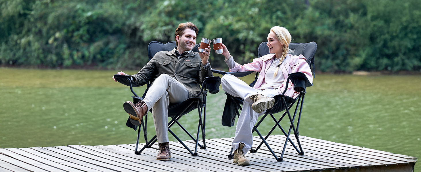 Кемпінговий стілець Timber Ridge складаний, до 180 кг, з регурованою спинкою (3 положення), підлокотниками, тримачем для напоїв та бічною кишенею, ширина сидіння 62 см