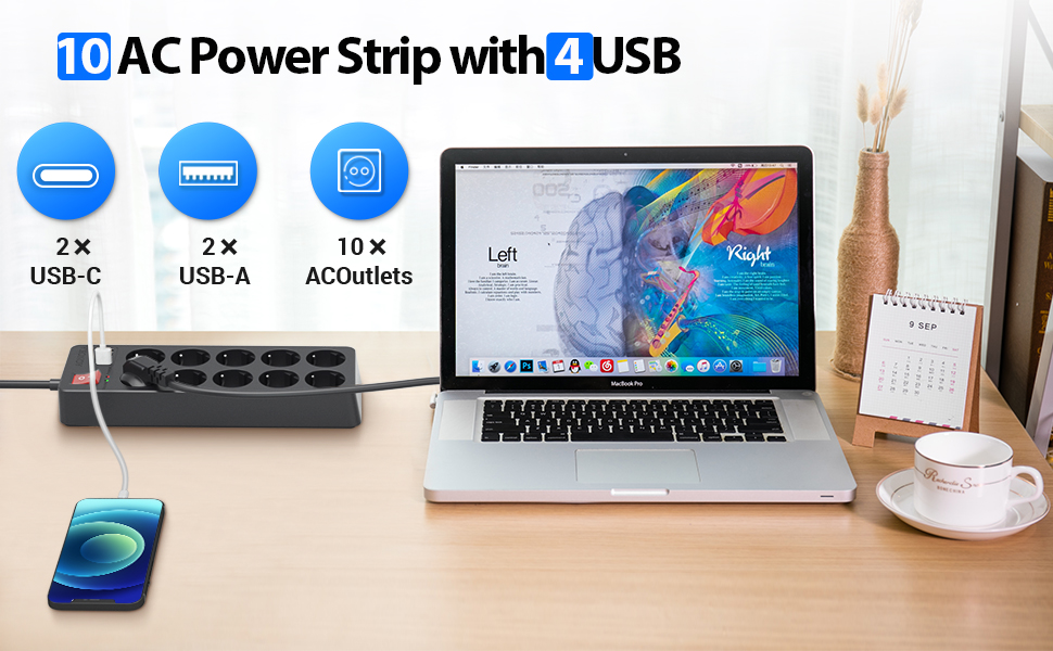 Мережевий фільтр 10 розеток з USB-C, захист від перенапруги 1700 Дж, з вимикачем, 4 USB-порти, 1.5м, чорний