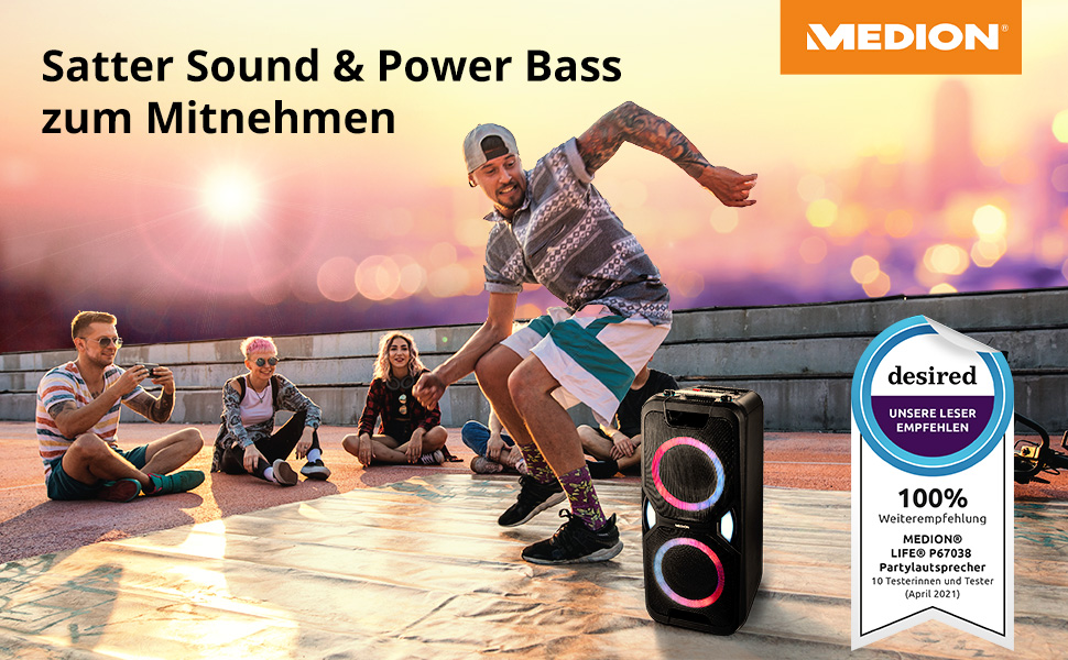 MEDION Party-Soundsystem P67038: караоке-система з LED, Bluetooth 5.0, USB, AUX, 2 мікрофони, 220W