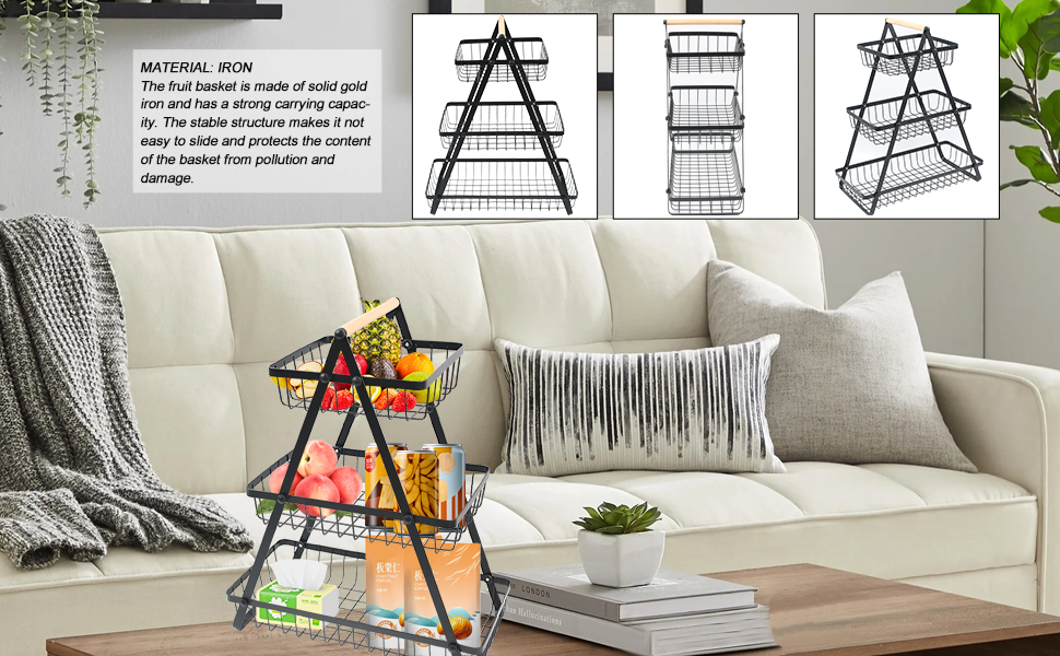 Багатоярусна металева підставка для фруктів та овочів MaxEarn - 3 яруси, велика місткість, з дерев'яною ручкою