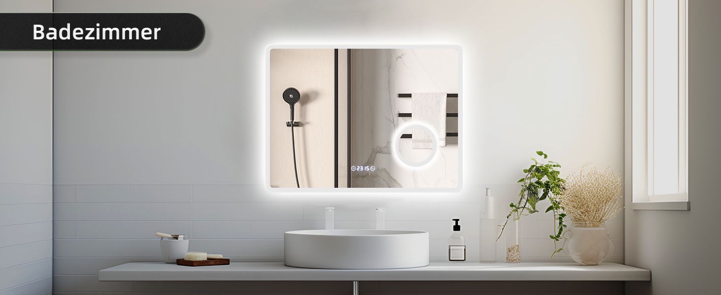 LED дзеркало для ванної кімнати 80x60 см з підсвічуванням, 3 кольори, регулювання яскравості, антизапарник, годинник, 3x збільшення