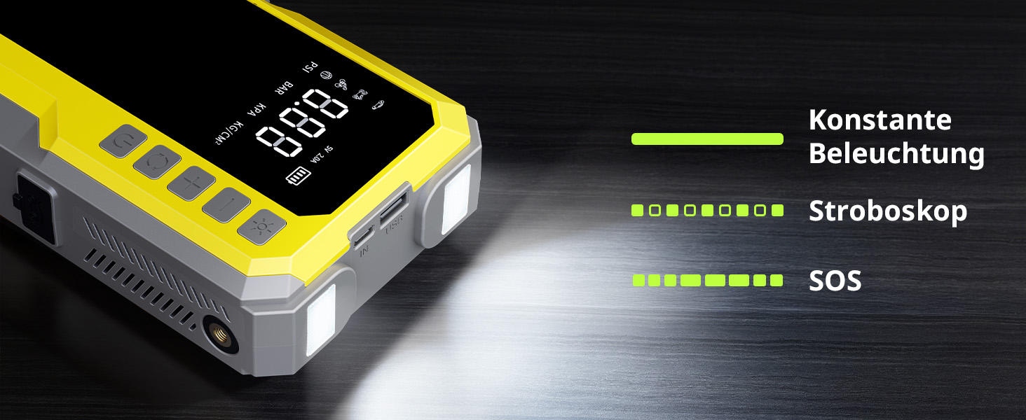 Powerbank для авто Karlxtom з компресором 190PSI, 88Wh, 4500A, LED-ліхтар, LCD-дисплей, для бензинових та дизельних двигунів (до 10L)