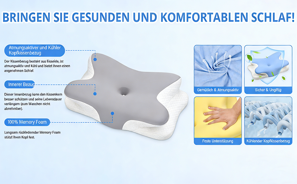 Подушка ортопедична з піни Memory Foam для підтримки шиї, сіра. Ефективна проти болю, ергономічна, для сну на боці, спині та животі.