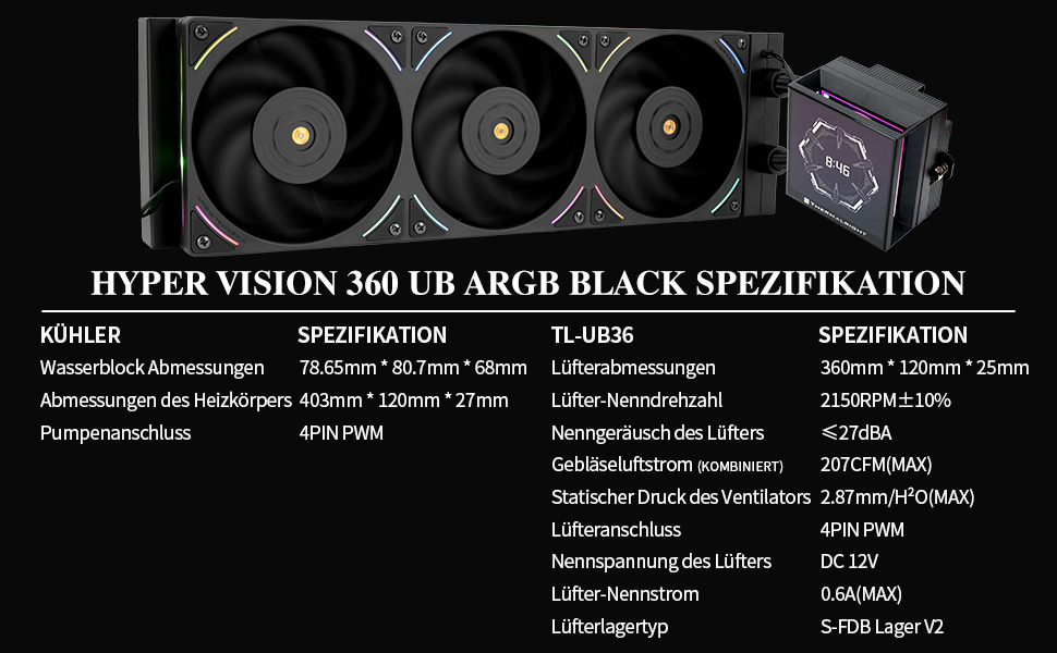 TR Hyper Vision 360 UB ARGB Black: Рідинна система охолодження CPU з LCD-дисплеєм 3.95