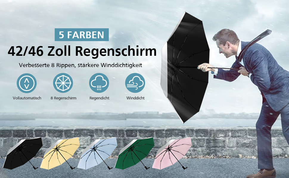 Зонт від сонця та дощу, 46 дюймів (117 см), 8-ми рифлений, вітростійкий, автоматичний, для чоловіків та жінок, срібно-чорний