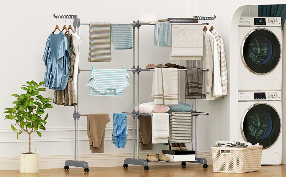 Сушарка для білизни 3-ярусна, турбо-тип, 75-200 см, висувна, з 2 обертовими крилами, висота 180 см, економна, на колесах, для квартири, балкону та саду (сіра)