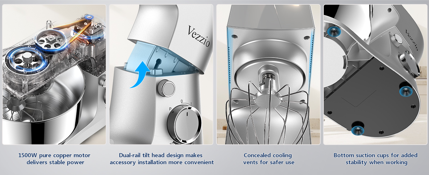 Міксер тістовий Vezzio Knetmaschine 1500W, 4.5л, 10 швидкостей, з набором насадок (зелений, срібний)
