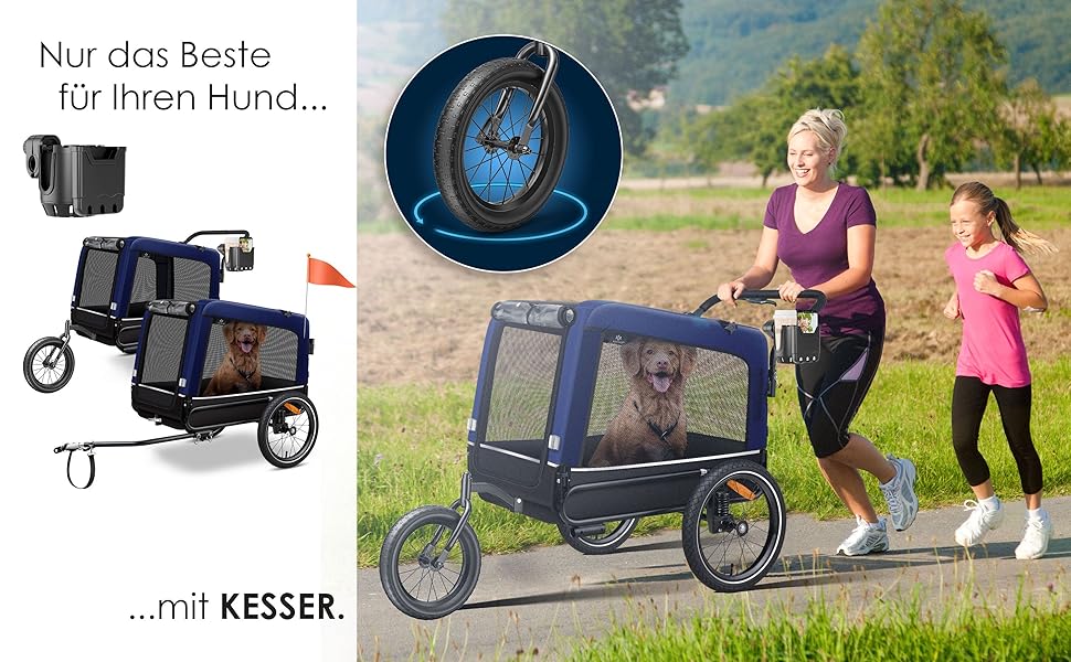 KESSER® Візок для собак Боксер 3-в-1: візок, бугель, велосипедний причіп. Великий об'єм 240 літрів, амортизація, поворотне переднє колесо 360°, матеріал: оксфорд 600D, SmartSpace, вантажопідйомність до 40 кг, зелений (темно-синій)