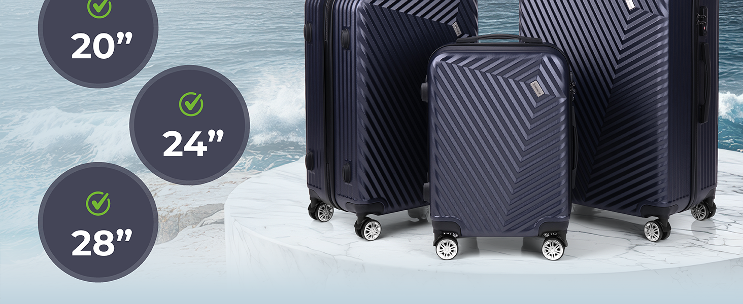 Набір валіз xRace 3-частинний ABS, 20/24/28 дюймів, ручна поклажа, TSA замок, 360° колеса, стійкий до ударів, з преміум підкладкою (Морська блакить)