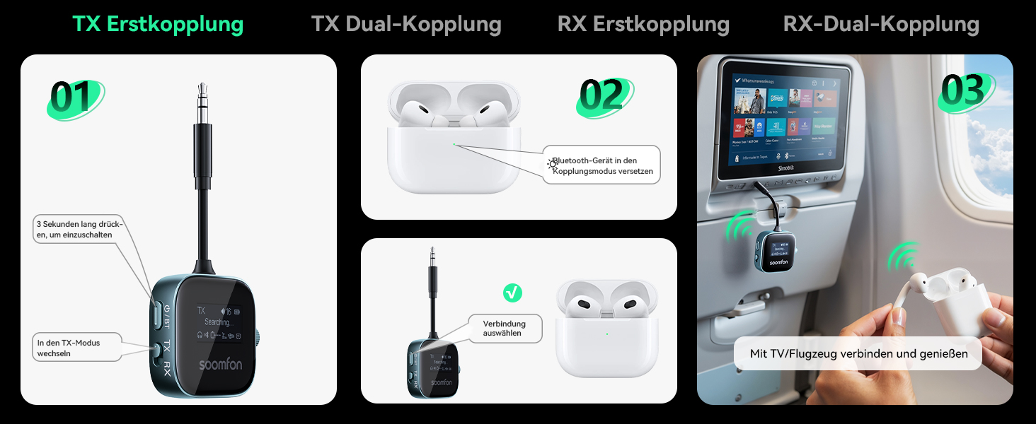 SOOMFON Bluetooth 5.3 Передавач/Приймач 2-в-1: Адаптер для телевізора, фітнесу, навушників (Airpods) з дисплеєм та акумулятором