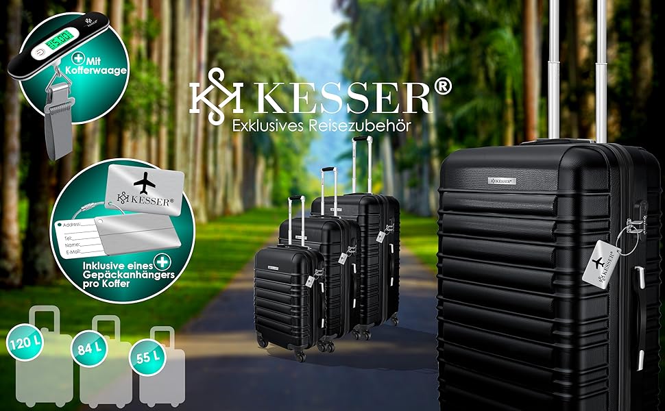 Набір валіз KESSER 3 шт. з ABS-пластика на 4 колесах з замком, телескопічна ручка, M-L-XL, жорсткий корпус для подорожей