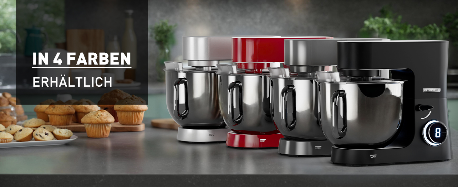 Кухонна машина Heinrichs 2500W з двома гаками для тіста, міксером та вінчиком, 8 швидкостей, чаша 7л з нержавіючої сталі, тиха, з титановим покриттям