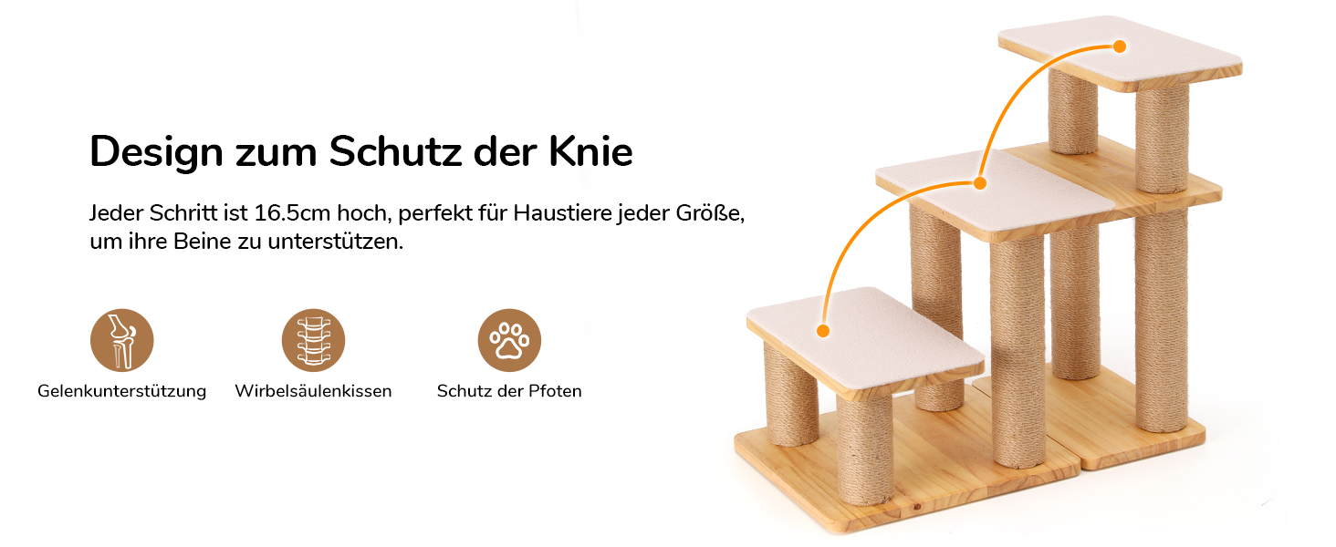 Сходинки для собак FUKUMARU: 3 сходинки з натурального дерева та джуту, регульована висота 18-51 см, витримують до 90 кг, знімний м'який підвішун