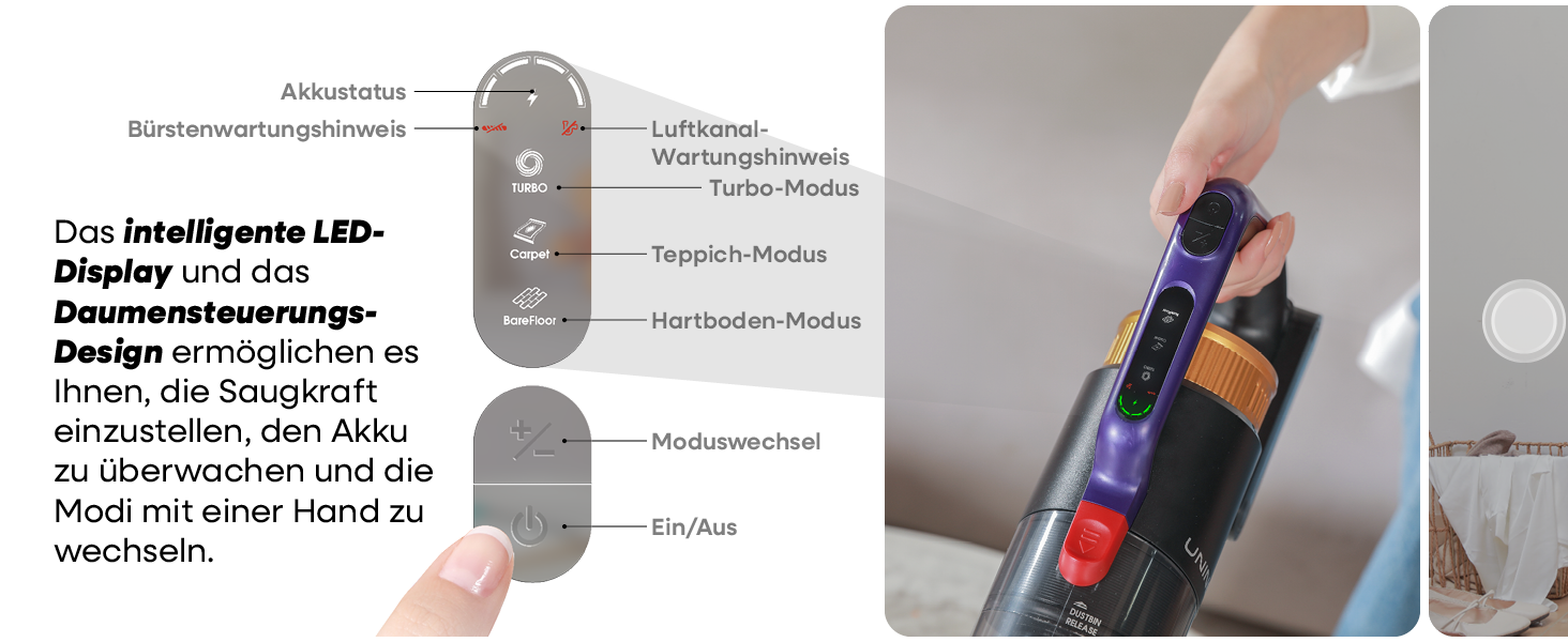 Бездротовий акумуляторний пилосос UNINELL HOME 48000Pa/550W з LED-дисплеєм та антизаплутана насадка. Підходить для килима, твердого покриття та шерсті тварин. Колір: фіолетовий