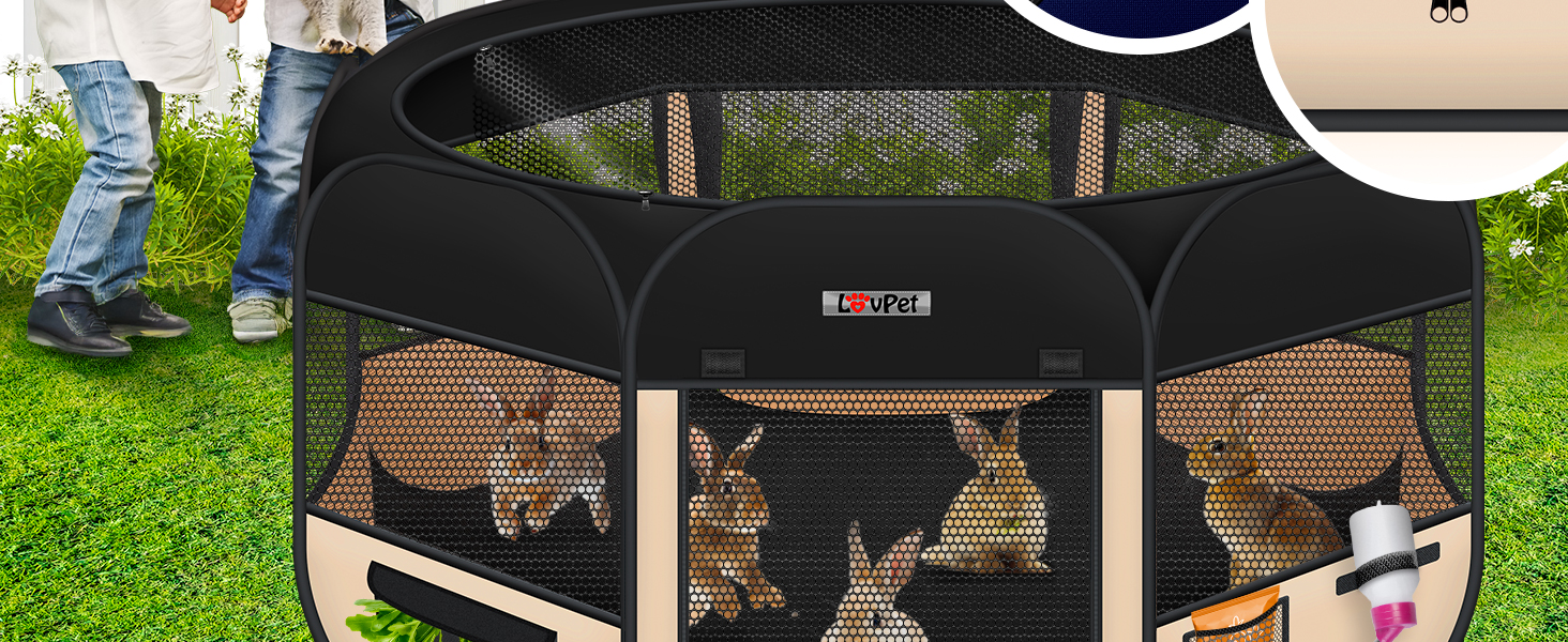 LOVPET® Foldable Pet Playpen with Food Bowl & Fleece Blanket - Indoor/Outdoor Dog & Cat Pen, Pop-Up Crate, Oxford Fabric, Grey/Black