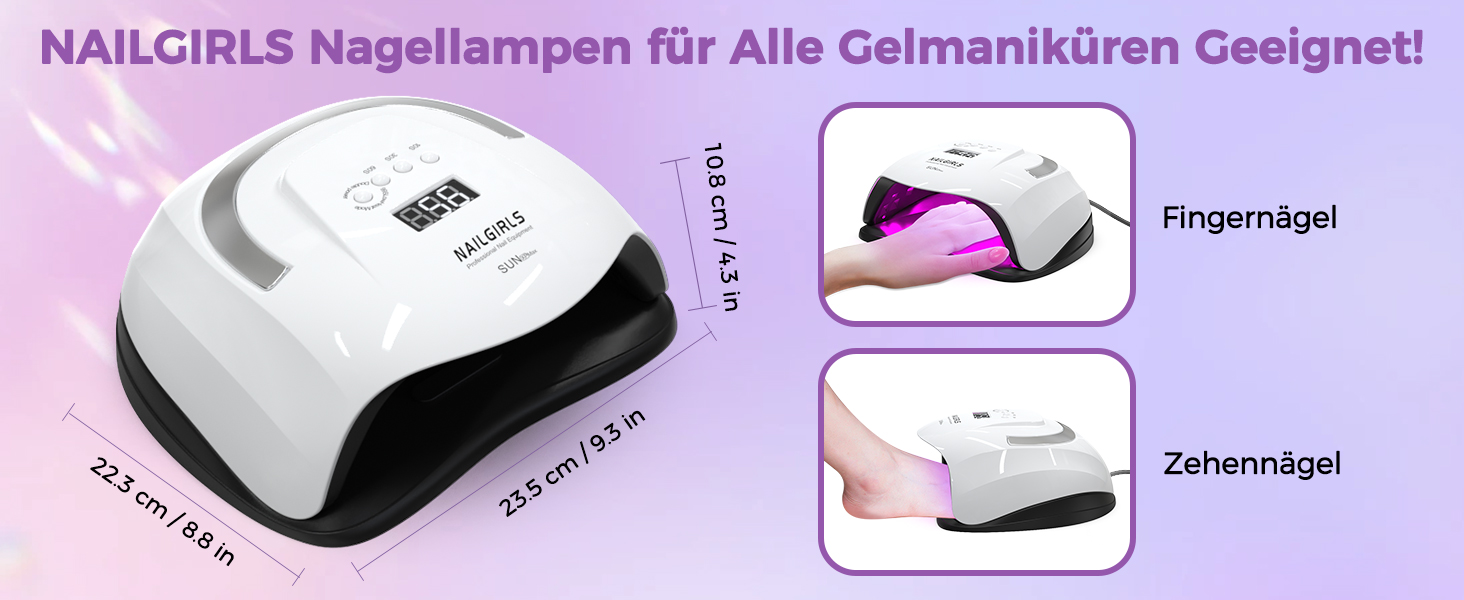 LED UV лампа для нігтів NAILGIRLS 150W з таймером, автосенсором та LCD дисплеєм. Підходить для гелевих нігтів пальців та ніг. Знімний магнітний майданчик.