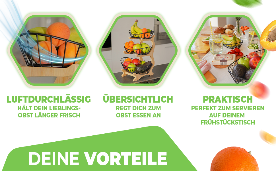 Дерев'яна етажерка для фруктів на 3 ярусах, чорна - фруктова корзина, підставка для фруктів, органайзер для кухні