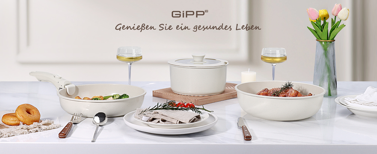 GiPP 5-Piece Ceramic Cookware Set with Removable Handle - Non-Stick, Oven-Safe, Induction Compatible, PTFE/PFOA-Free