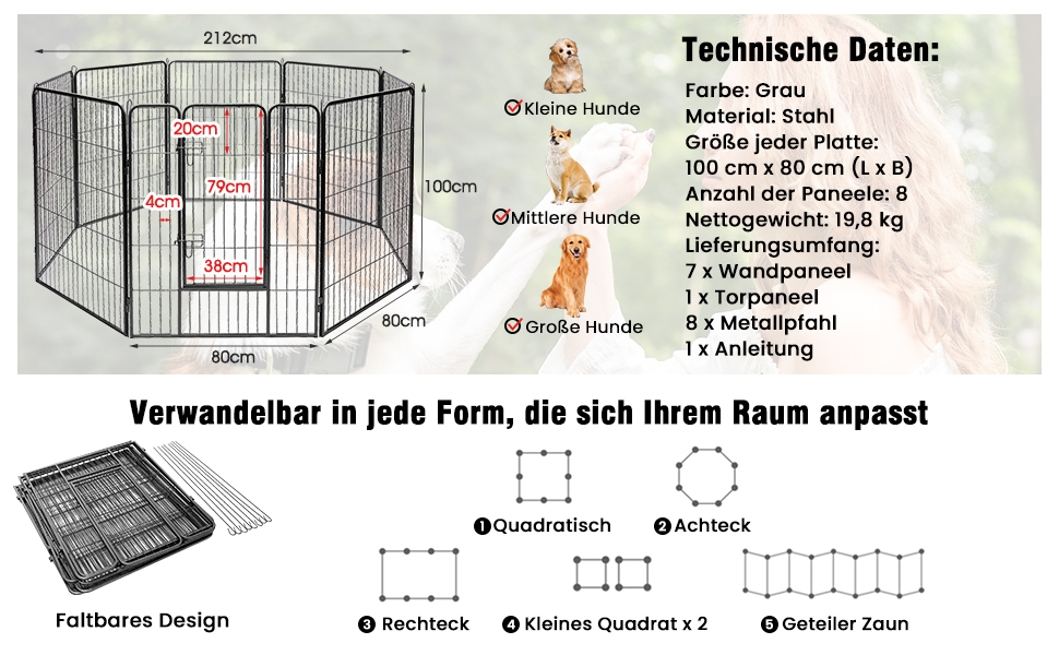 Металевий вольєр для собак та котів Costway 80 см, 8-секційний, чорний