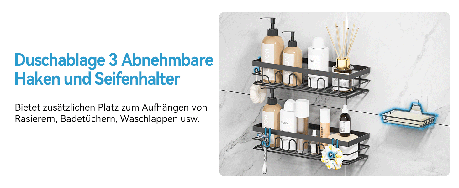 Поличка для душу без свердління, 3-секційний органайзер для душу з регульованими кошиками, нержавіюча сталь - Максимальний простір для зберігання з мильницею та 3 гачками для душу, ванної, кухні, балкону - Підставка для душу без свердління