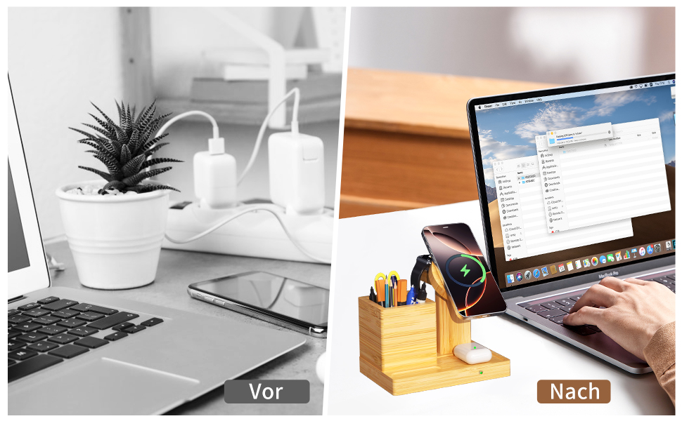 Багатофункціональна бамбукова зарядка 5-в-1 з LED-годинником та нічником. Підходить для Apple Watch, AirPods, Samsung Galaxy та інших пристроїв.