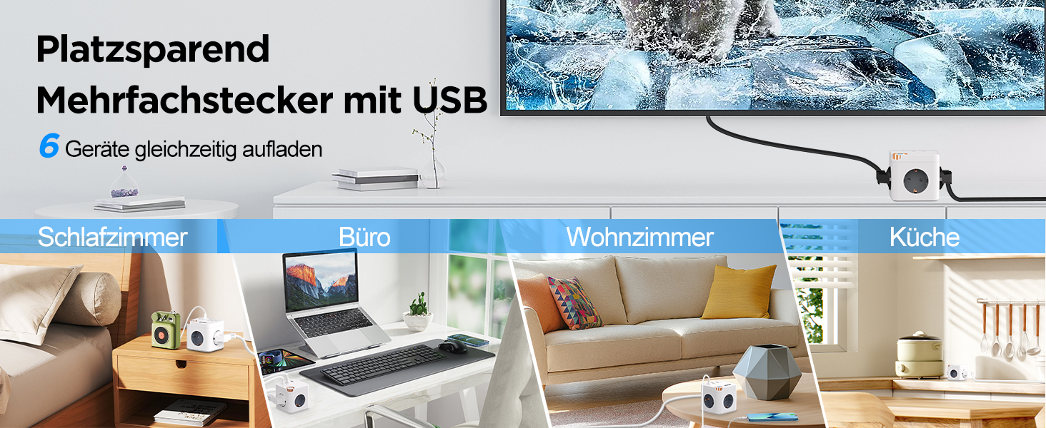 Мережевий концентратор з 4 USB-портами, настінний, 4 розетки, захист від перенапруги, 2 USB-C розетки, вимикач, 4000W, 16A, білий