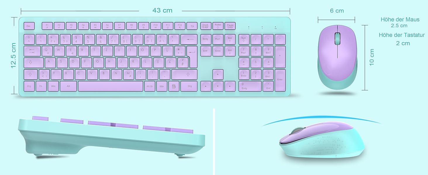 Бездротовий комплект клавіатури та миші Leadsail K786 з цифровою клавіатурою QWERTZ (німецька) - тиха клавіатура, 2.4 GHz, USB Nano приймач для ПК/ноутбука (багатобарвний)