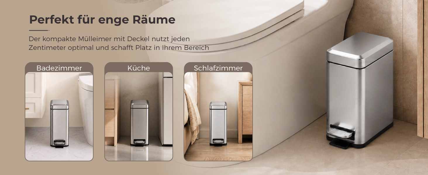 Сміттєвий кошик для ванної кімнати з педаллю та Soft-Close кришкою, 5 л, нержавіюча сталь, чорний