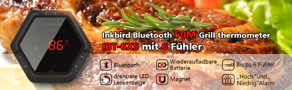 Bluetooth термометр Inkbird IBT-6XS з 6 датчиками, магнітний, для грилю, барбекю, коптильні, кухні, сумісний з iPhone та Android, чорний