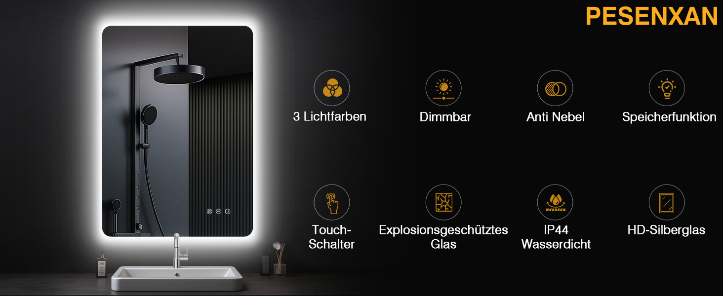Дзеркало для ванної кімнати з підсвічуванням 50 x 70 см, LED дзеркало з протизапарюючим покриттям, 3 кольори світла, регулювання яскравості, прямокутна форма, сенсорне управління, функція пам'яті, горизонтальне/вертикальне кріплення, без рамки