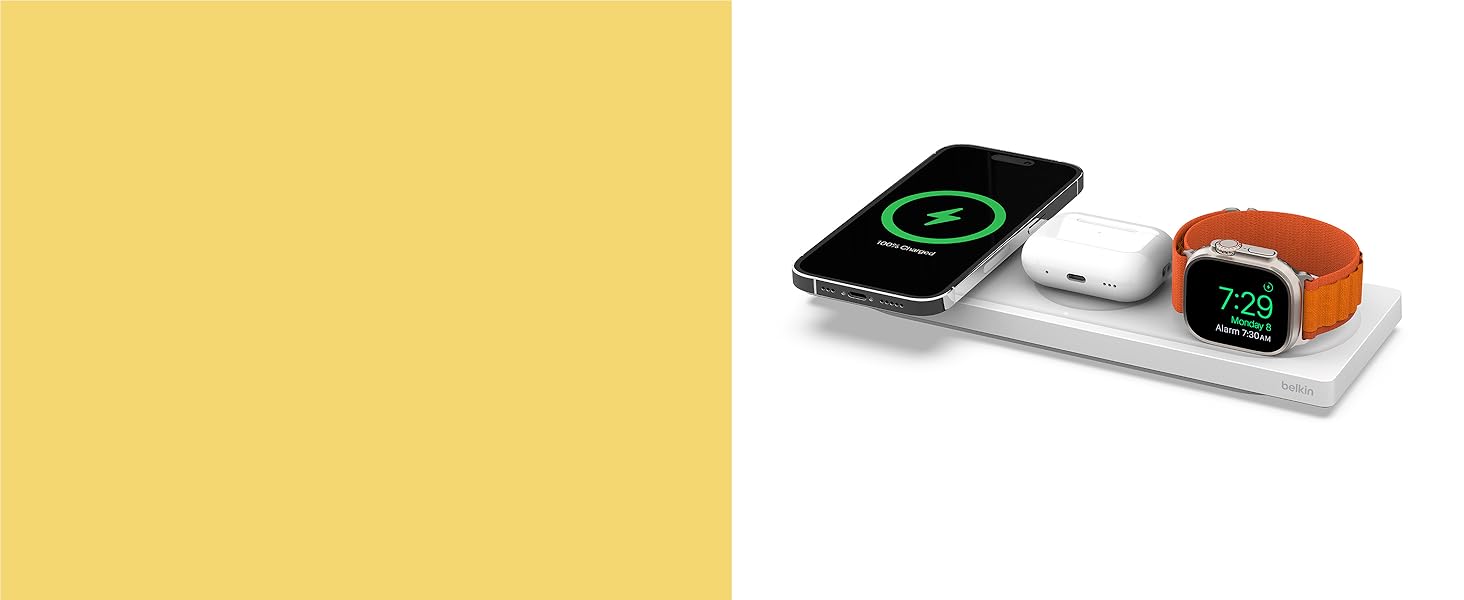 Belkin MagSafe Бездротовий зарядний пристрій 3-в-1 MFi для iPhone 16/15/14/13/12, Apple Watch, AirPods (Білий)
