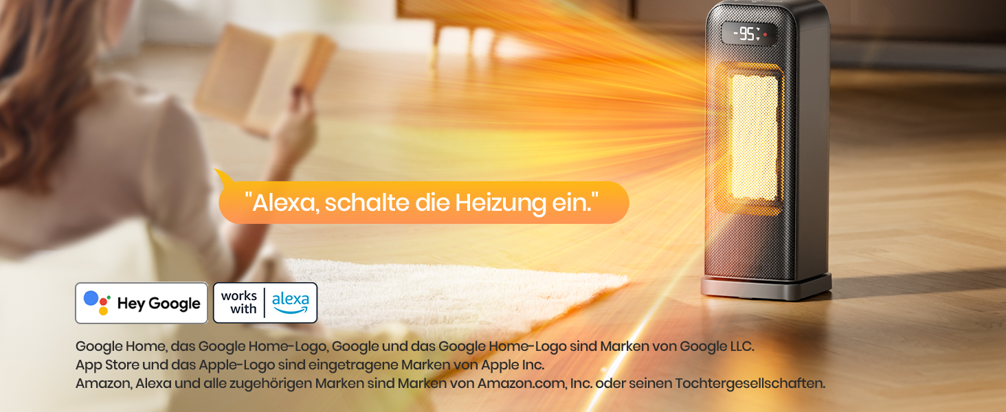 Електричний обігрівач 1500W, керамічний, тихий, з таймером 12 годин, осциляція 70°, захист від перегріву та перекидання, сумісний з Alexa & Google Assistant, чорний, 1 шт. + 4 режими