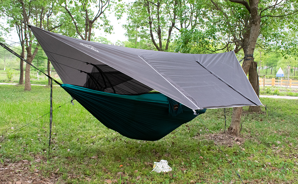 Гамак для кемпінгу з москітною сіткою та тентом від дощу, двомісний, 210T нейлон, водонепроникний комплект для піших прогулянок (зелений)