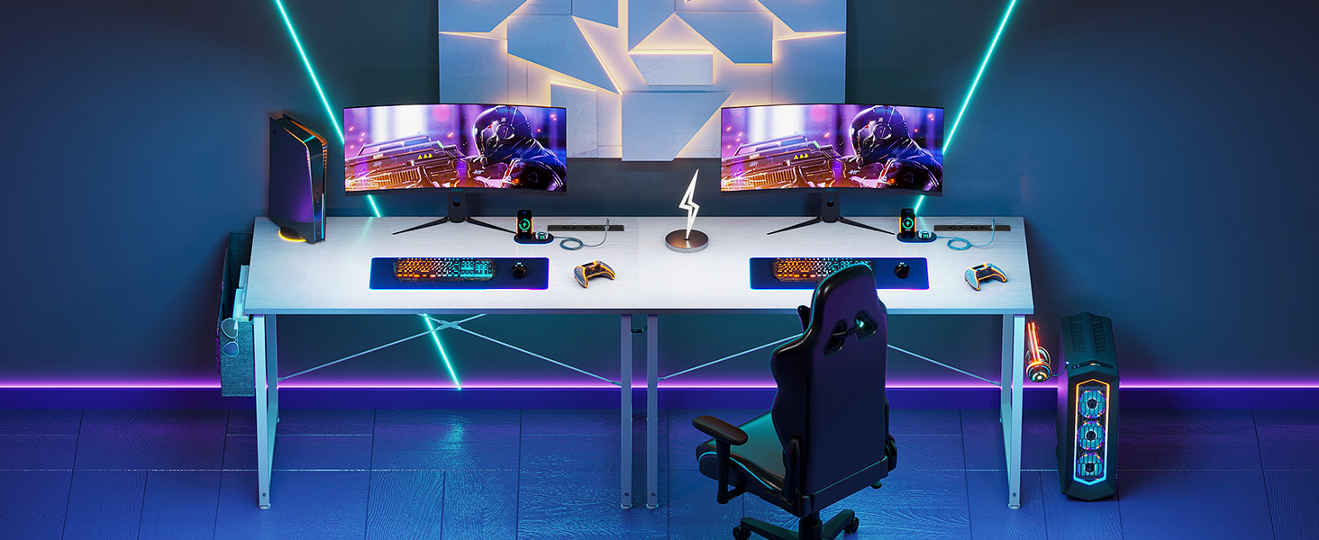 Комп'ютерний стіл Coleshome 100x48 см з розетками, тримачем для навушників та кишенькою для зберігання. Білий офісний/ігровий стіл для дому та офісу.