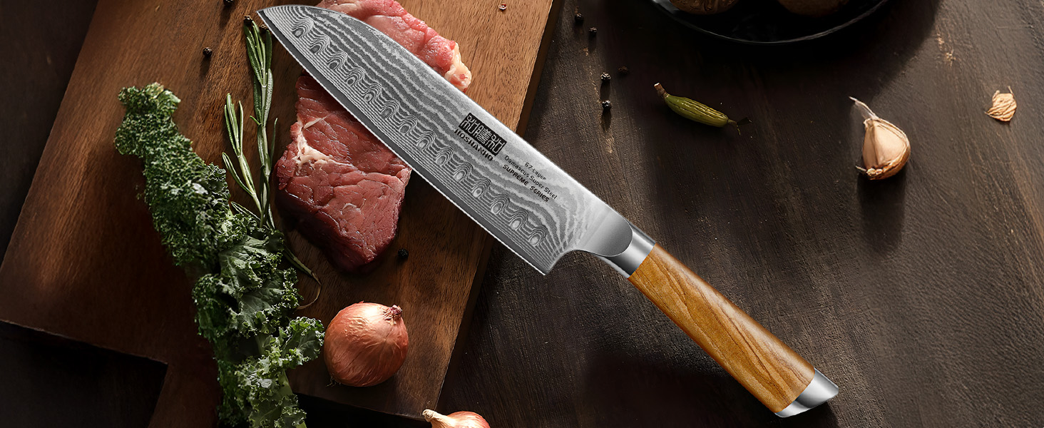 Японський ніж Santoku HOSHANHO з дамаської сталі, 18 см - гострий кухонний ніж з ергономічною ручкою, 67 шарів, у подарунковій коробці