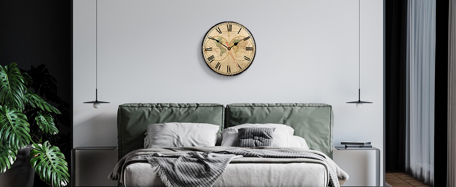 TAHEAT World Map Wall Clock, Large Classic Wooden Clock, Silent Non-Ticking Easy to Read for Home/Office/School, 34 cm