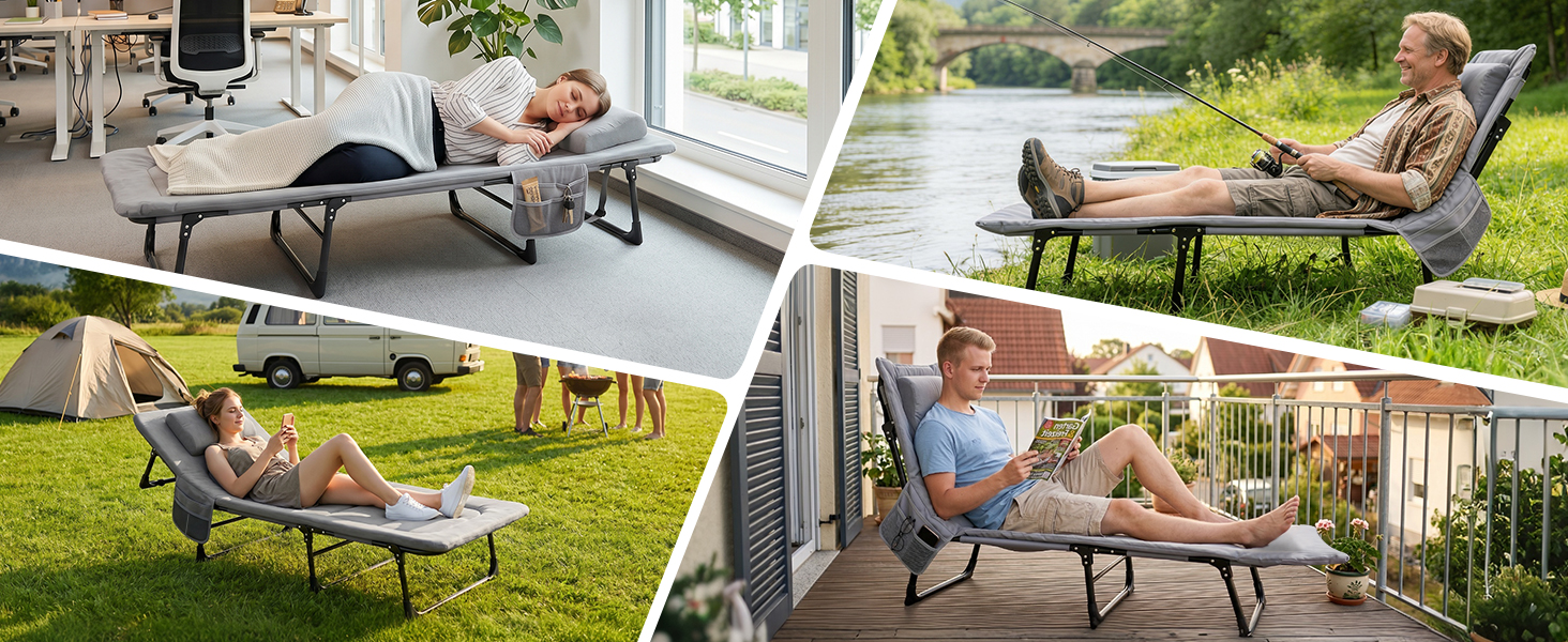 Ліжко туристичне розкладне Sekey XXL 190x71x35 см, сіре з подушкою - для кемпінгу, риболовлі, міцний сталевий каркас, Oxford тканина