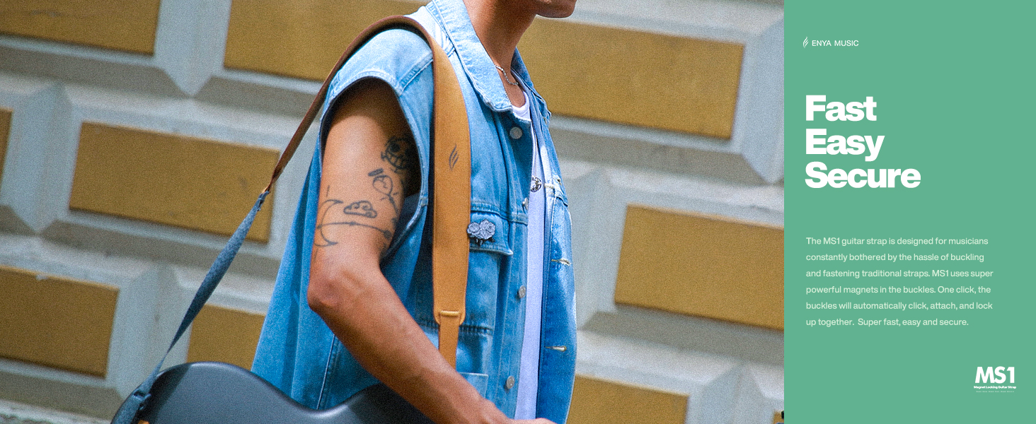 Магнітний ремінь для гітари, басу та укулеле ENYA – Швидке закриття, регулювання однією рукою, з імітацією шкіри, чорний