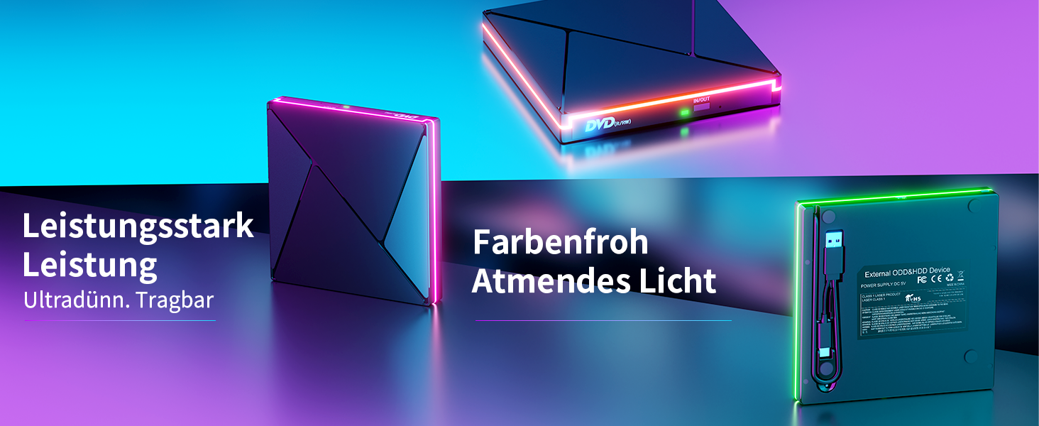 Зовнішній CD/DVD привід USB 3.0 та USB-C, оптичний накопичувач CD/DVD +/-RW ROM Brenner з RGB підсвіткою для ноутбука, ПК, MacBook, Windows та MacOS