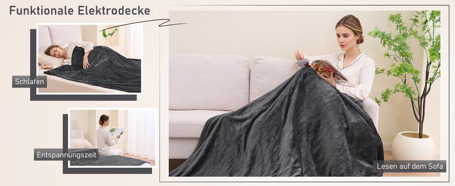 Електрична ковдра CURECURE з підігрівом, 150 x 200 см, 4 режими, таймер, захист від перегріву, для ліжка/дивану, сірий колір