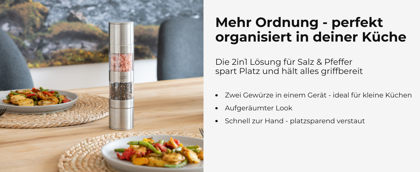 Мельниця для солі та перцю 2-в-1 з нержавіючої сталі | Ручна мельниця для спецій з керамічним жорном та регульованим ступенем помелу